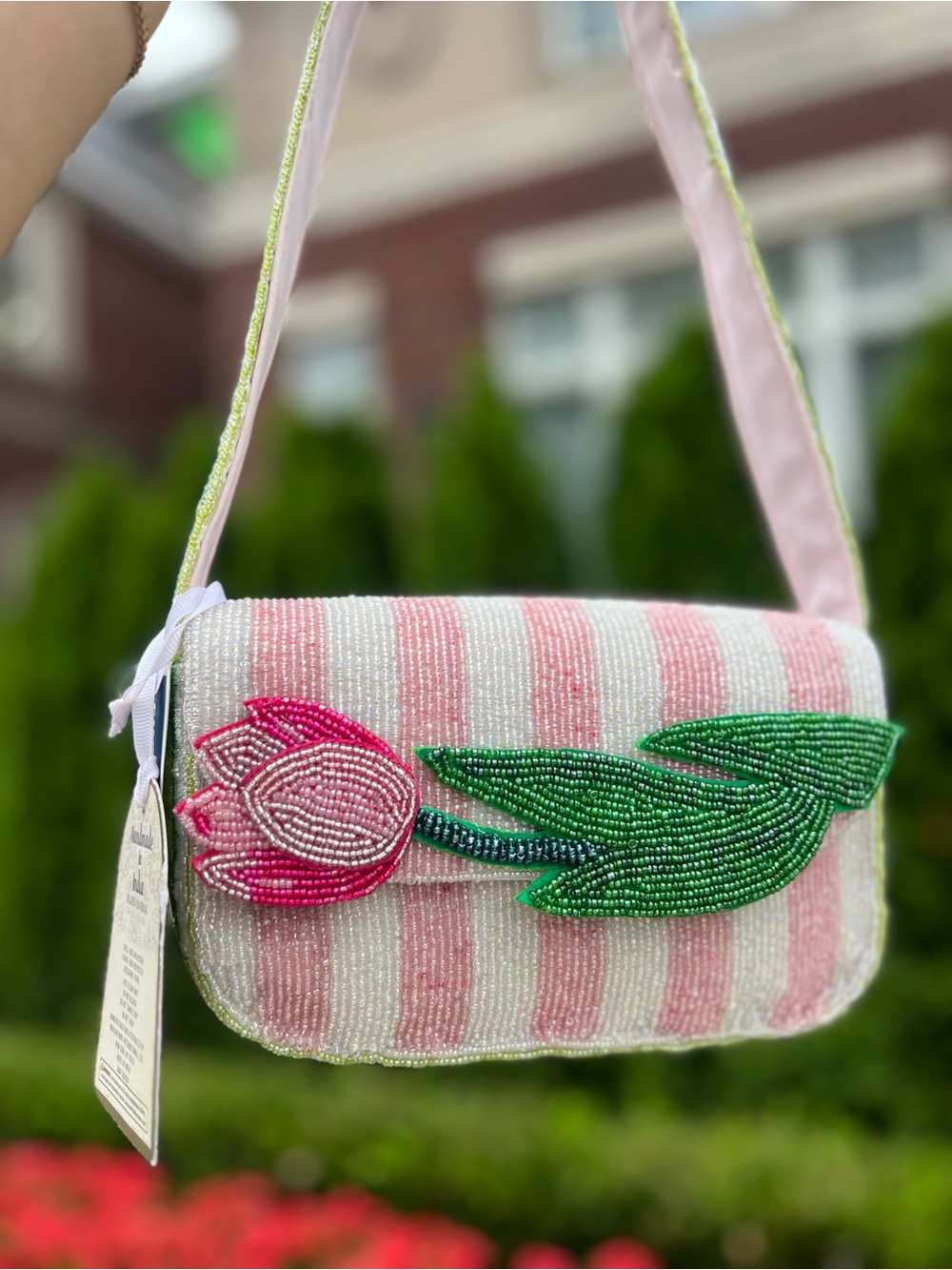 TJMAXX MARSHALLS VIRAL Pink Tulip Stripe Beaded Bag Summer Purse Collectible